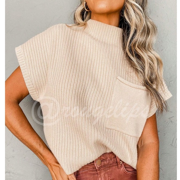 Knit Beige Spring/Fall Short Sleeve Pullover Sweater Top Front Pocket - Picture 1 of 8